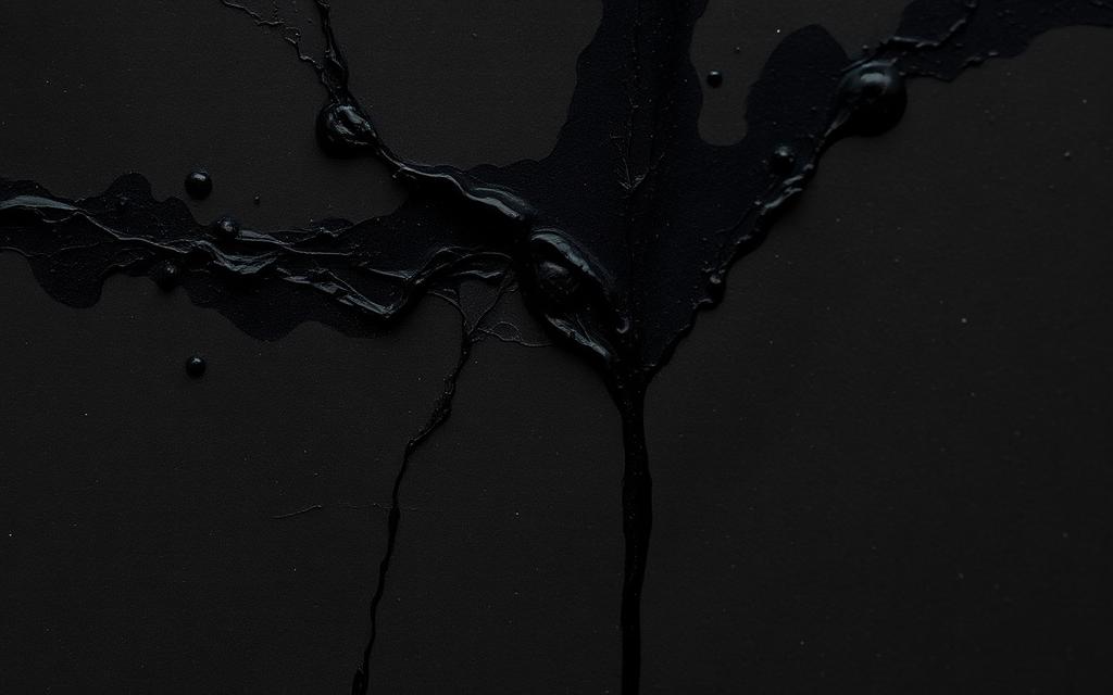 Black ink bleeding across dark handmade paper